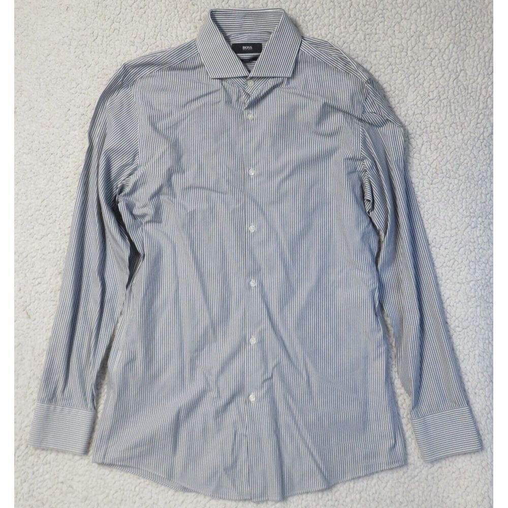 Mens Hugo Boss Mark US Sharp Fit Size 15 32/33 Dress Shirt Striped Gray White